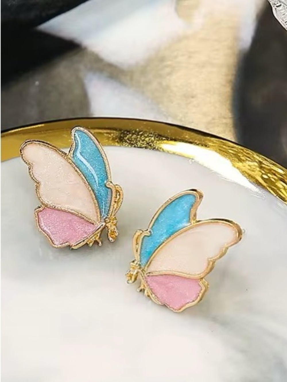 ***DelicateGold Butterfly Stud Earrings in Blue, Pink & Cream